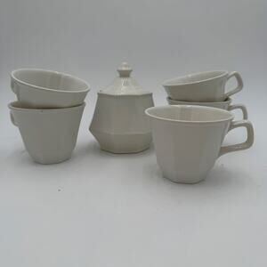 Vintage Sugar Bowl and 5 Coffee Cups Colonial White by Homer Laughlin 7 pcs